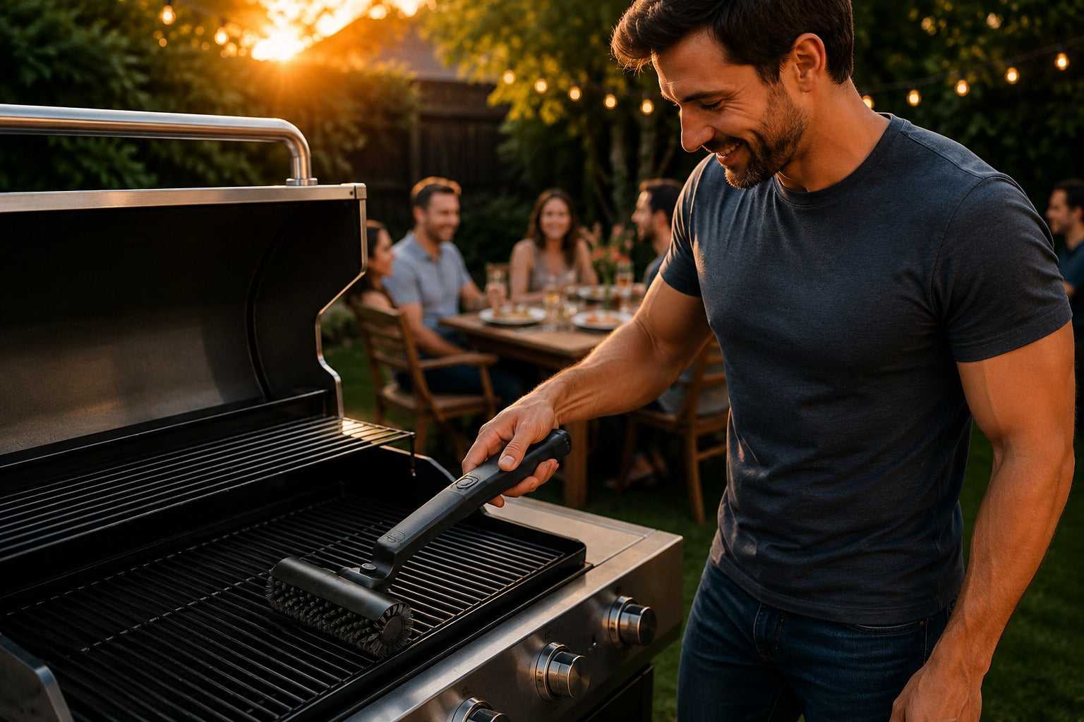 Famille profitant d'un barbecue dans un jardin
